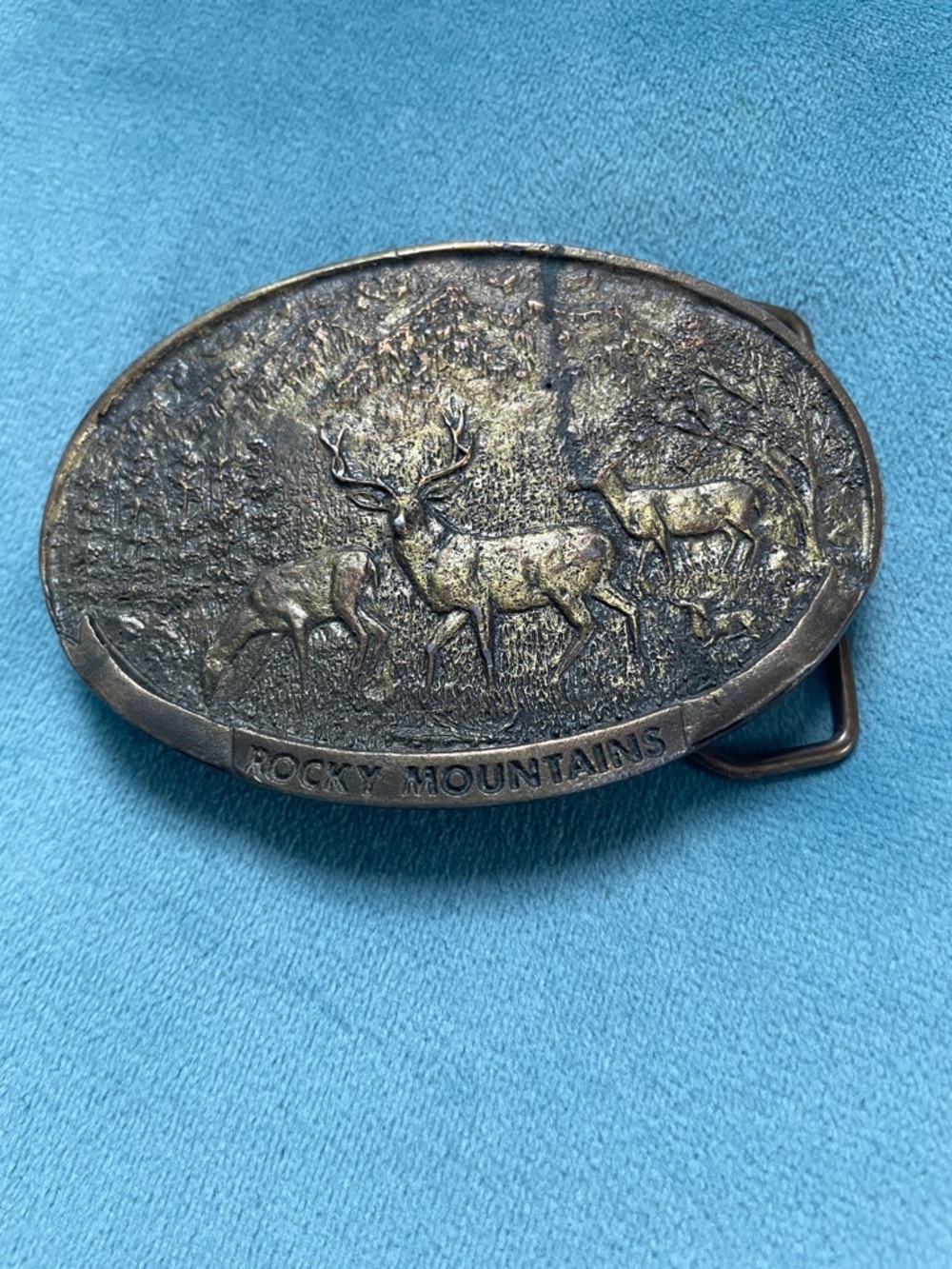 Vintage Rocky Mountains Brass Deer Belt Buckle - Bronze Finish